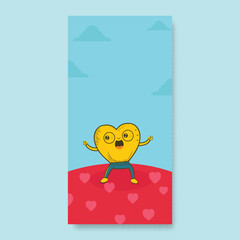 Cheerful Yellow Heart Mascot With Clouds On Hearts Landscape Background And Copy Space. Love Or Valentine's Day Concept.