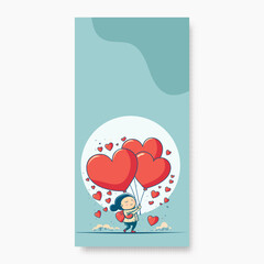 Cute Little Girl Character Holding Hearts Balloons With Trees On Paste Blue Background And Copy Space. Love or Valentine's Day Concept.