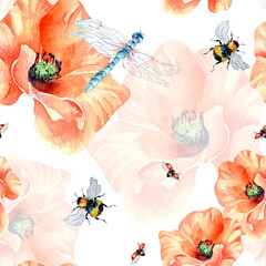 Meadow poppies with beetle watercolor seamless pattern on white. Red flowers, dragonfly, bee. ladybug hand drawn. Design for fabric, wrapping, textile, summer floral print, paper, backgrounds.