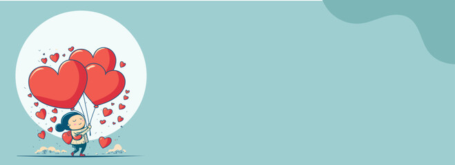 Cute Little Girl Character Holding Hearts Balloons With Trees On Paste Blue Background And Copy Space. Love or Valentine's Day Concept.