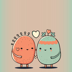 Cute Mascot Potato Couple Character With Hearts On Pastel Green And Red Background. Love Or Valentine's Day Concept.