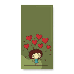 Doddle Style Cute Little Girl Holding Red Heart Shape Balloons On Pastel Olive Background And Copy Space. Love Or Valentine's Day Concept.