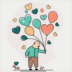 Funny Man Character Holding Colorful Heart Shape Balloons. Love or Valentine Concept.