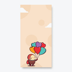 Cute Baby Holding Colorful Hearts Balloons Against Cloud With Circles Beige Background And Copy Space. Love Or Valentines Day Concept.
