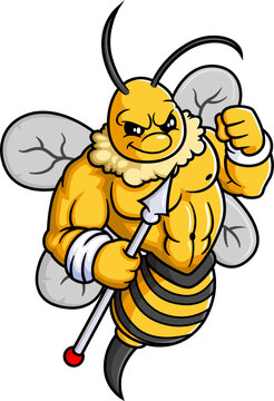 Strong fierce bees cartoon character holding spear