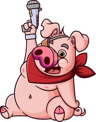 The angry pig holding gun and sitting