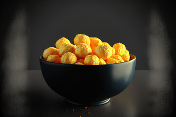 View of a bowl full of delicious, cheesy corn puffs in closeup on a black table. Generative AI - obrazy, fototapety, plakaty