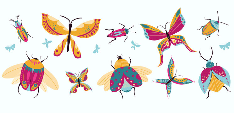 Collection of hand drawn butterflies and bugs. Abstract decorative design. Butterflies and bugs vector icons set.
