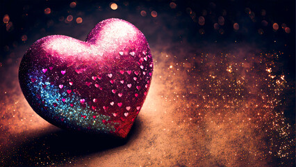 Fototapeta premium 3D Render, Shiny Pink And Blue Glittery Heart Shape On Bokeh Lighting Background. Valentine's Day Concept.