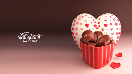 Happy Valentine's Day Calligraphy Text With Red And White Heart Shapes, Chocolate Loopy Bow Box. Header Or Banner Design.