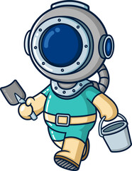 The diver holding small shovel and bucket