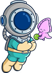 The diver accept pearl from cute cuttlefish