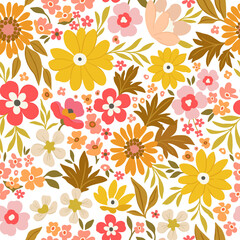 A bright floral pattern of large yellow, red and orange flowers on a white background.