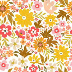 A bright floral pattern of large yellow, red and orange flowers on a white background.
