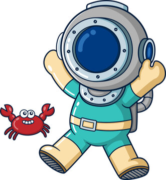 The joyful diver happily plays with a cute crab