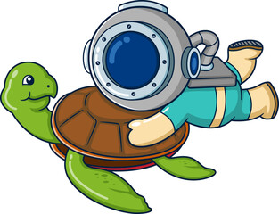 The diver plays and has fun with a big turtle