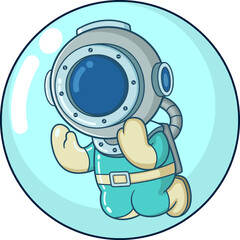 The diver feels scared inside a big bubble