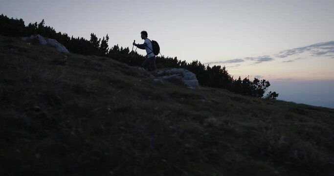 Camera tracking from the side a hiker walking up a hil with hiking poles, by the conifers and some rocks. Early morning light.