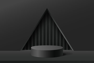 Empty 3d round podium with black abstract geometric shape and triangular hole wall