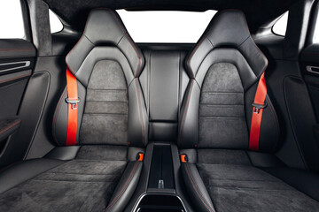Luxury car rear seats row. Expensive car leather seats  with empty background
