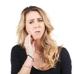 Woman, toothache and angry face for dental care, tooth decay or healthcare wellness isolated in...