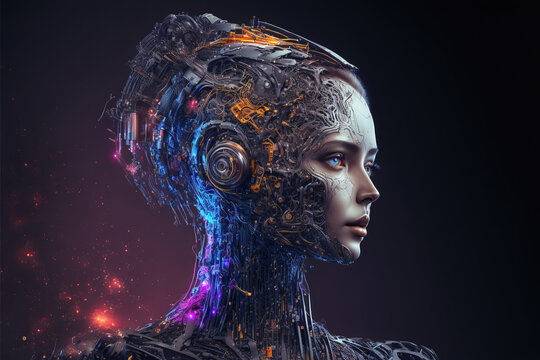 A cyborg robot, blending human and machine elements, showcasing the fusion of technology and biology, generative ai