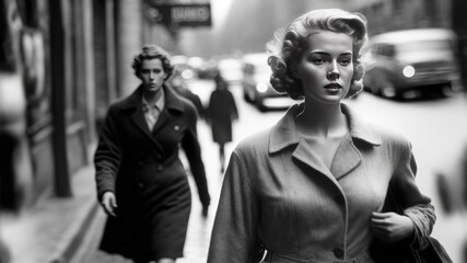 Naklejka premium young woman walking in paris in 1950.. monochromatic vintage. This image was created with generative AI