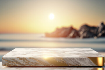 Copy space of luxury mable tabletop on blur tropical beach with sunset sky abstract background. Product presentation and travel vacation concept. Generative AI