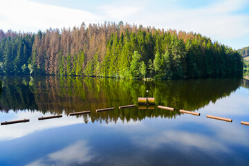 Fototapeta na wymiar Oker reservoir near Altenau in the Harz Mountains. View from the Okertalsperre to the Oker See and the surrounding landscape. Idyllic nature by the water. 