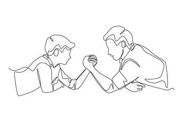 Continuous one line drawing happy father and son competing in arm wrestling. Rising teens concept. Single line draw design vector graphic illustration.
