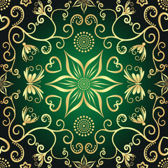 Vector seamless dark green floral valentine pattern with gold lace vintage curls and flowers and butterflies