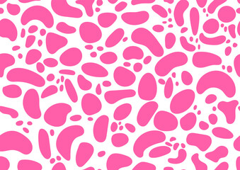 Pink dalmatian or cow animal random shape spot texture seamless pattern on skin. Absract print - dog or giraffe stains on white background. Simple grain dalmation endless backdrop.