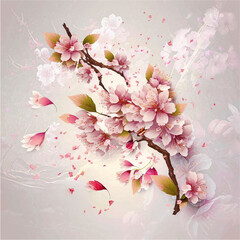 branch with beautiful sakura flowers and falling petals realistic composition
