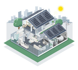 Solar cell House with green city concept installer component system for smart home solar panel inverter and battery diagram monochrome isometric isolated illustration