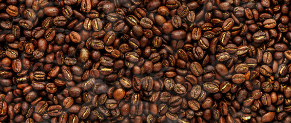 Coffee beans, food background texture and freshly roasted arabica coffee beans with smoke, top view horizontal banner