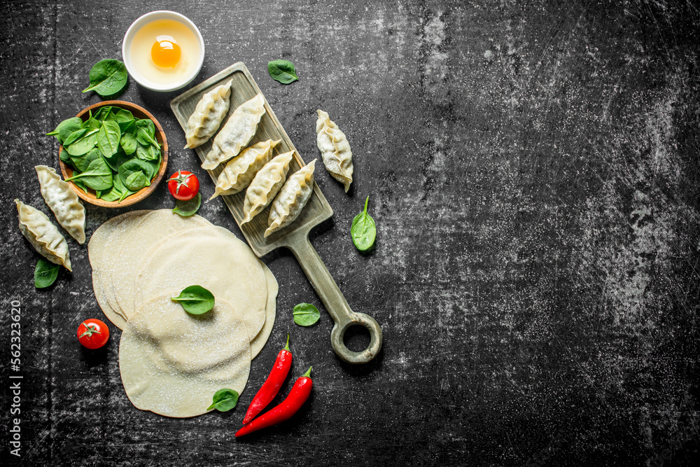 Poster Rolled out dough for making homemade raw gedza dumplings.