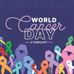 World cancer day text and set of ribbons of different colors against cancer on dark purple background vector design