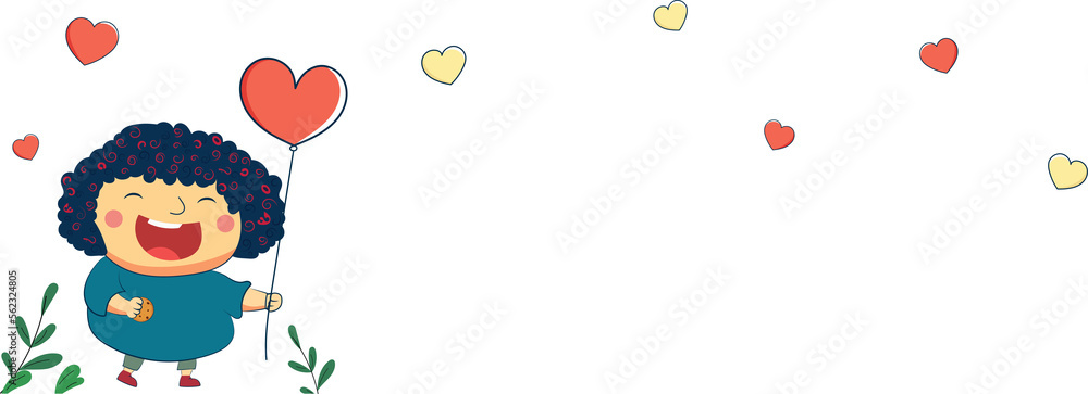 Sticker cheerful girl standing with heart shape balloons, leaves and copy space.