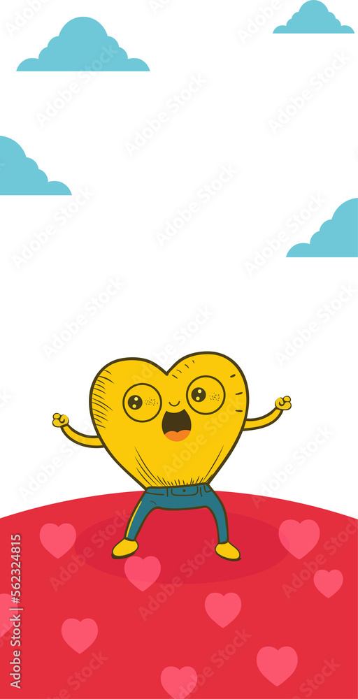 Wall mural cheerful yellow heart mascot with clouds on hearts landscape background and copy space.