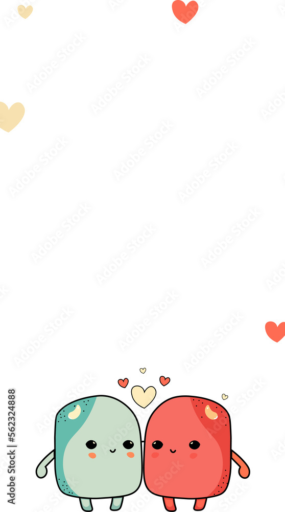 Sticker cute mascot cube couple character with hearts and copy space. love or valentine concept.