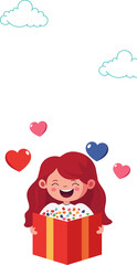 Laughing Girl Holding Card Or Letter With Colorful Hearts, Clouds And Copy Space. Love Or Valentine Concept.