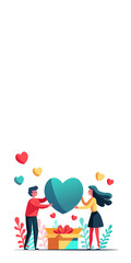 Fototapeta premium Happy Valentine's Day Concept With Young Boy And Girl Character With Colorful Hearts, Balloons Gift Box And Leaves.