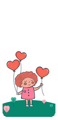 Cute Little Girl Holding Hearts Balloons On Green Leaves Landscape Background. Love Or Valentine Concept.