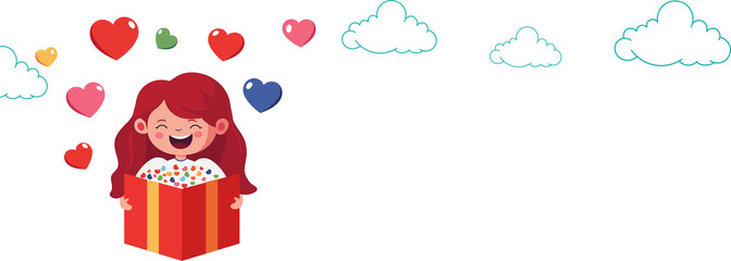 Laughing Girl Holding Card Or Letter With Colorful Hearts, Clouds And Copy Space. Love Or Valentine Concept.