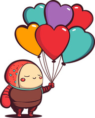 Isolated Cute Baby Character Holding Colorful Heart Shapes Balloons. Love Or Valentines Day Concept.