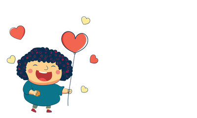 Doodle Style Cheerful Girl Standing With Heart Shape Balloons.