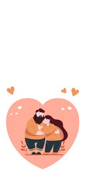 Hugging Young Man And Woman With Pastel Pink Heart Shapes On Leaves Background. Love Concept.