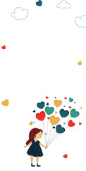 Cute Little Girl Holding Colorful Heart Shape Balloons With Clouds And Copy Space. Love Or Valentine's Day Concept.