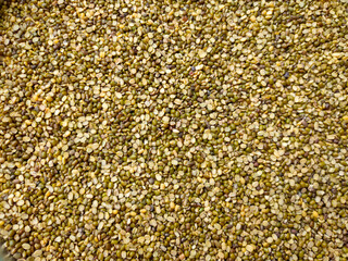 Green and yellow dry split mung beans. Selective focus 