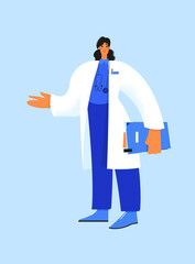 Vector illustration, a female doctor stands with a folder for documents about the disease. Medical examination, diagnosis, vaccination.